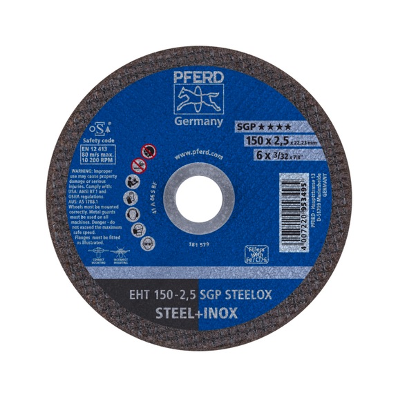 PFERD cut-off wheel EHT 150x2.5x22.23mm straight special line SGP STEELOX for steel - Cut-off wheel