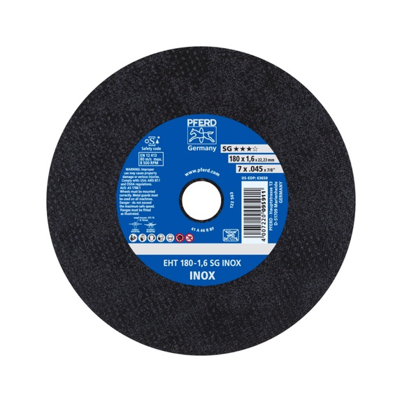 PFERD cut-off wheel EHT 180x1.6x22.23 mm straight performance line SG INOX stainless steel - Cut-off wheel