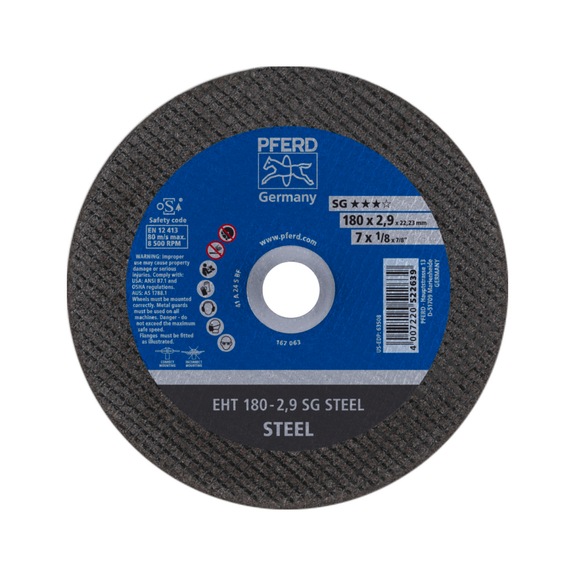 PFERD cut-off wheel EHT 180x2.9x22.23 mm straight performance line SG STEEL for steel - Cut-off wheel