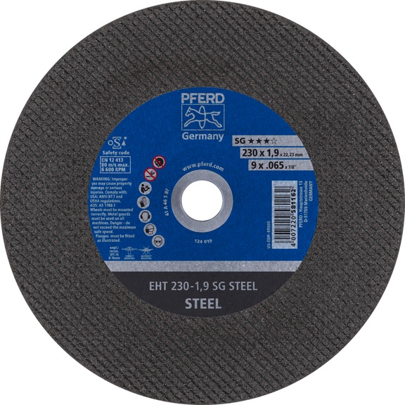 PFERD cut-off wheel EHT 230x1.9x22.23 mm straight performance line SG STEEL for steel - Cut-off wheel