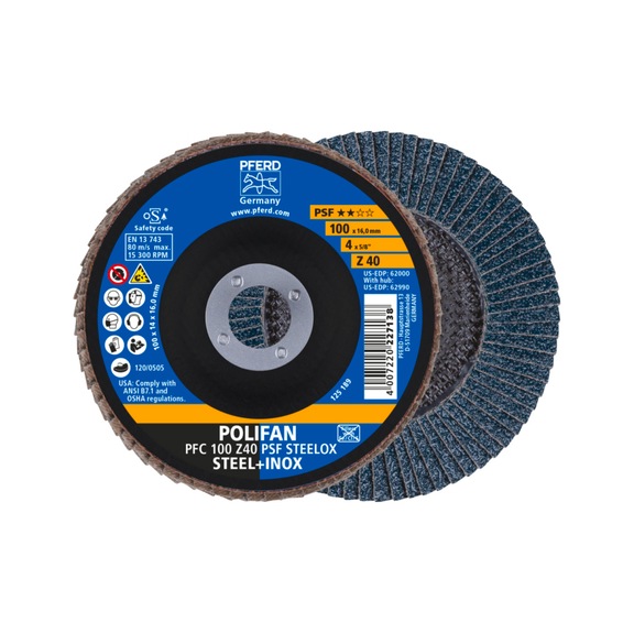 PFERD POLIFAN serrated lock washer PFC 100x16 mm conical Z40 line PSF STEELOX steel - Abrasive tool made of abrasive on a base