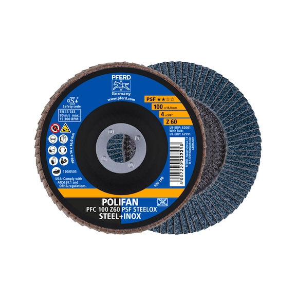 PFERD POLIFAN serrated lock washer PFC 100x16 mm conical Z60 line PSF STEELOX steel - Abrasive tool made of abrasive on a base