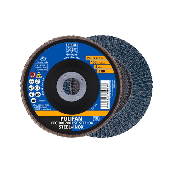 PFERD POLIFAN serrated lock washer PFC 100x16 mm conical Z80 line PSF STEELOX steel - Abrasive tool made of abrasive on a base