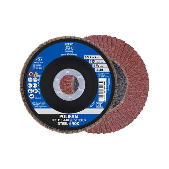 PFERD POLIFAN serrated lock washer PFC 115x22.23 mm conical A40 line PSF STEELOX steel - Abrasive tool made of abrasive on a base