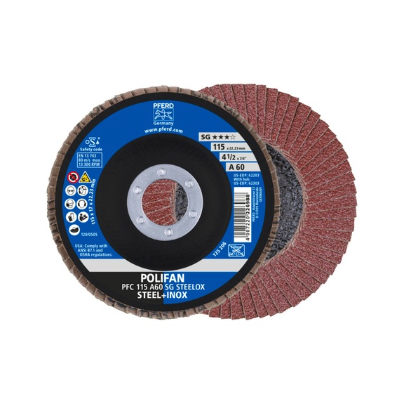 PFERD POLIFAN serrated lock washer PFC 115x22.23 mm conical A60 line PSF STEELOX steel - Abrasive tool made of abrasive on a base
