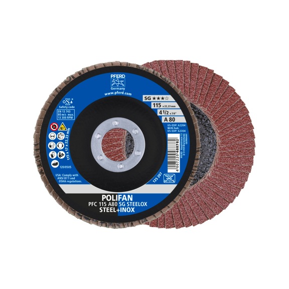 PFERD POLIFAN serrated lock washer PFC 115x22.23 mm conical A80 line PSF STEELOX steel - Abrasive tool made of abrasive on a base