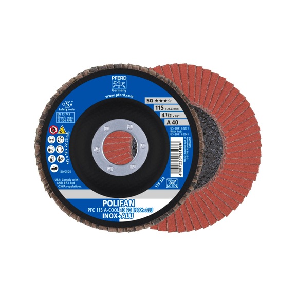 PFERD POLIFAN Fächerscheibe PFC 115x22,23 mm konisch A-COOL 40 SG INOX ALU - Schleifwerkzeug aus Schleifmittel auf Unterlage