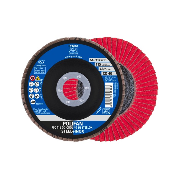 PFERD POLIFAN Fächerscheibe PFC 115x22,23 mm konisch CO-COOL 40 SG STEELOX Stahl - Schleifwerkzeug aus Schleifmittel auf Unterlage