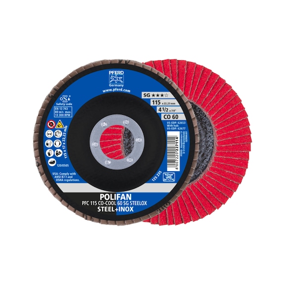 PFERD POLIFAN serrated lock washer PFC 115x22.23 mm conical CO-COOL 60 SG STEELOX steel - Abrasive tool made of abrasive on a base