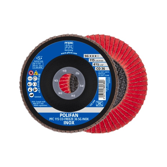 PFERD POLIFAN flap disc PFC 115x22.23 mm conical CO-FREEZE 36 SG INOX - Abrasive tool made of abrasive on a base
