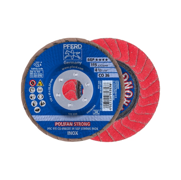 PFERD POLIFAN STRONG flap disc PFC 115x22.23mm conical CO-FREEZE 36 SGP INOX - Abrasive tool made of abrasive on a base