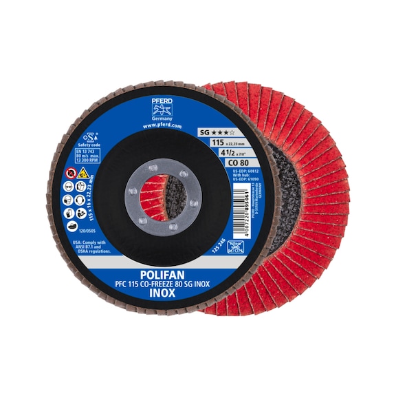 PFERD POLIFAN Fächerscheibe PFC 115x22,23 mm konisch CO-FREEZE 80 SG INOX - Schleifwerkzeug aus Schleifmittel auf Unterlage