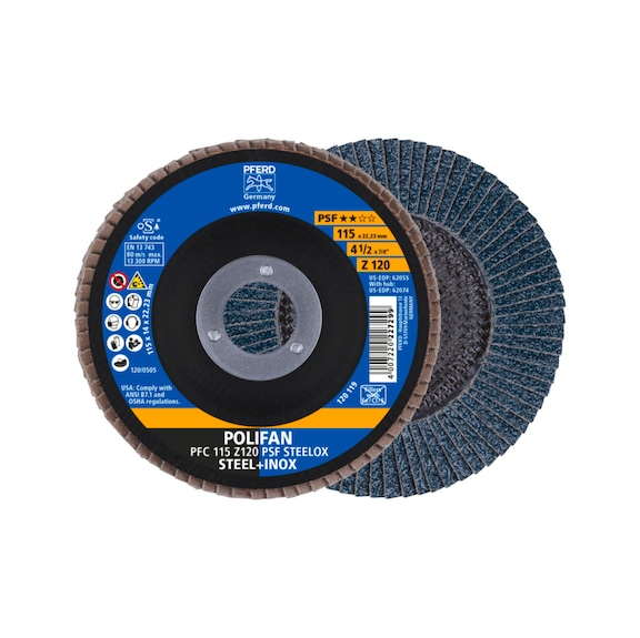 PFERD POLIFAN serrated lock washer PFC 115x22.23 mm conical Z120 line PSF STEELOX - Abrasive tool made of abrasive on a base