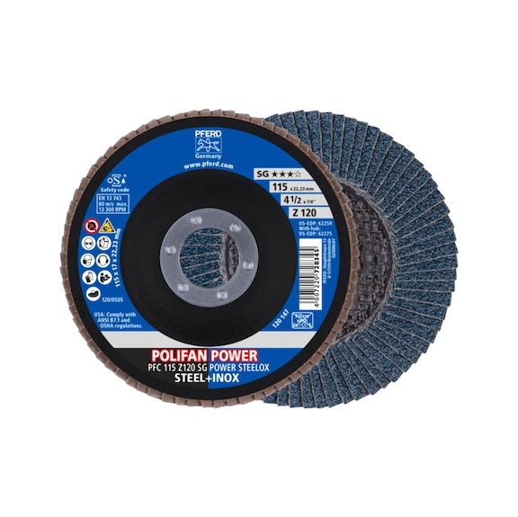 PFERD POLIFAN POWER serrated lock washer PFC 115x22.23 mm conical Z120 SG STEELOX steel - Abrasive tool made of abrasive on a base