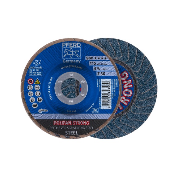 PFERD POLIFAN STRONG flap disc PFC 115x22.23 mm conical Z36 line SGP STEEL - Abrasive tool made of abrasive on a base