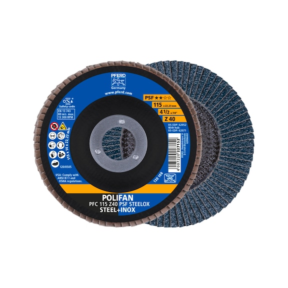 PFERD POLIFAN serrated lock washer PFC 115x22.23 mm conical Z40 line PSF STEELOX steel - Abrasive tool made of abrasive on a base