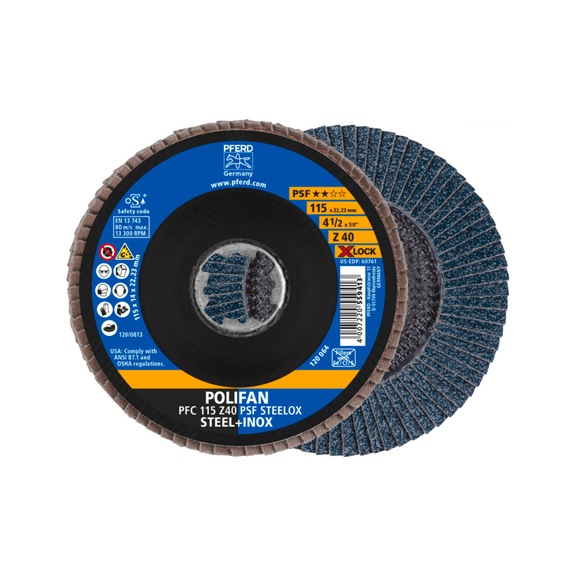 PFERD POLIFAN serrated lock washer PFC 115 mm X-LOCK conical Z40 line PSF STEELOX - Abrasive tool made of abrasive on a base