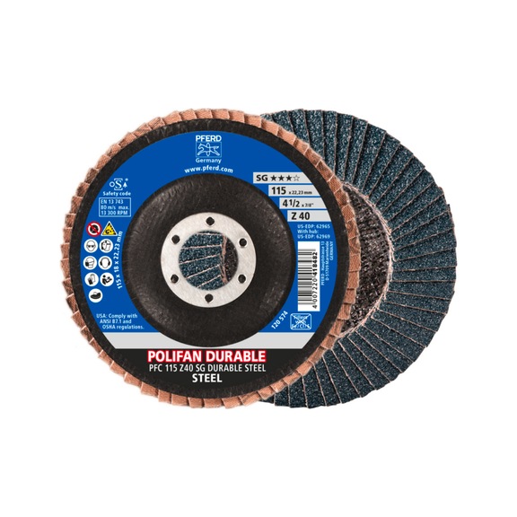 PFERD POLIFAN POWER Fächerscheibe PFC 115x22,23 konisch Z40 SG DURABLE STEEL - Schleifwerkzeug aus Schleifmittel auf Unterlage