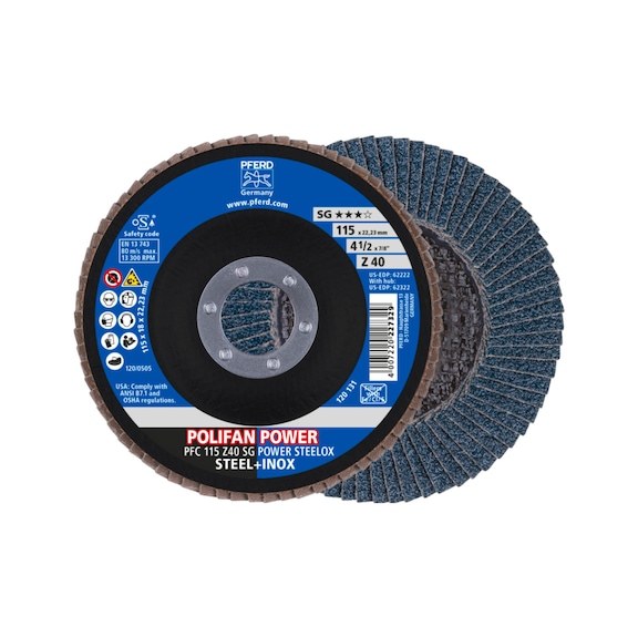 PFERD POLIFAN POWER serrated lock washer PFC 115x22.23 mm conical Z40 SG STEELOX steel - Abrasive tool made of abrasive on a base
