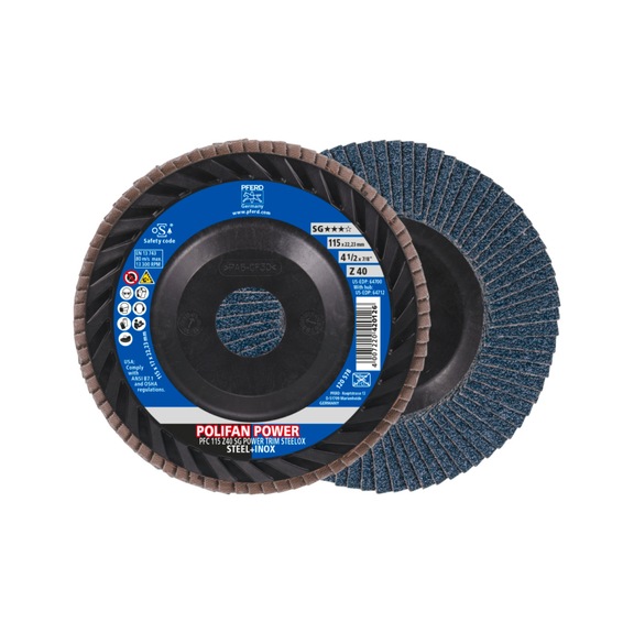 PFERD POLIFAN POWER Fächerscheibe PFC 115x22,23 mm konisch Z40 TRIM - Schleifwerkzeug aus Schleifmittel auf Unterlage