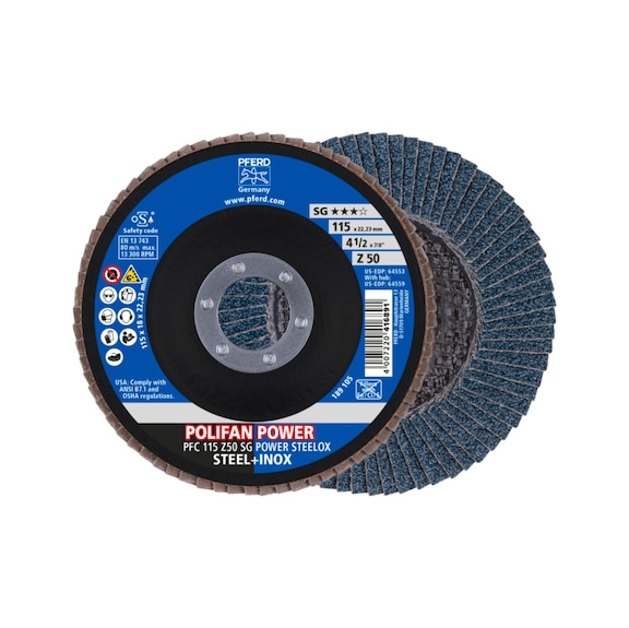 PFERD POLIFAN POWER flap disc PFC 115x22.23 mm conical Z50 SG STEELOX - Abrasive tool made of abrasive on a base
