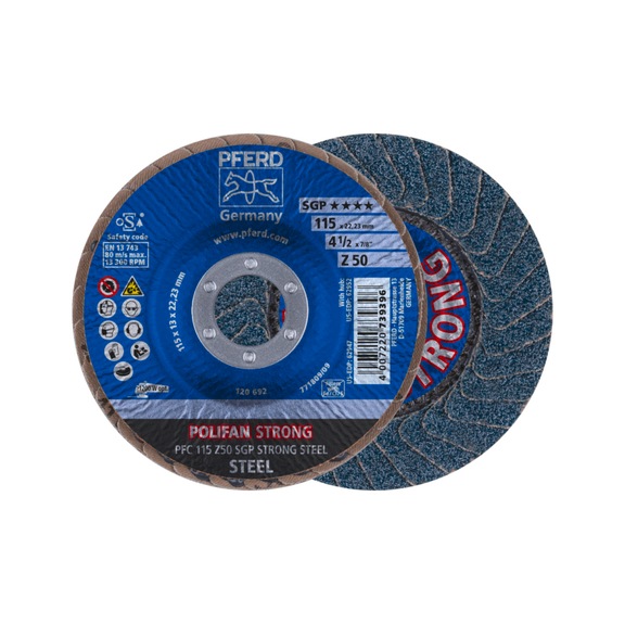 PFERD POLIFAN STRONG flap disc PFC 115x22.23 mm conical Z50 line SGP STEEL - Abrasive tool made of abrasive on a base