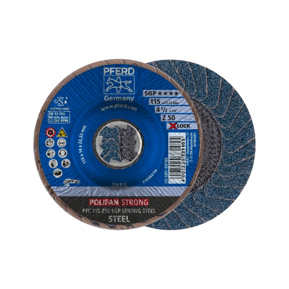 PFERD POLIFAN STRONG flap disc PFC 115 mm X-LOCK conical Z50 SGP STEEL - Abrasive tool made of abrasive on a base