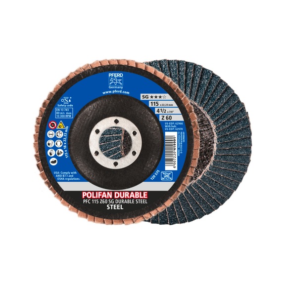 PFERD POLIFAN POWER Fächerscheibe PFC 115x22,23 konisch Z60 SG DURABLE STEEL - Schleifwerkzeug aus Schleifmittel auf Unterlage