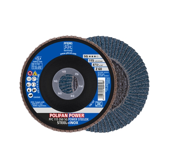 PFERD POLIFAN POWER serrated lock washer PFC 115x22.23 mm conical Z60 SG STEELOX steel - Abrasive tool made of abrasive on a base