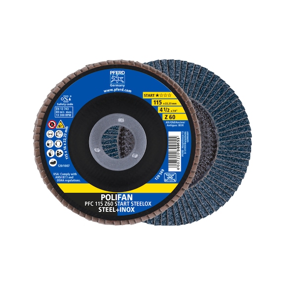 PFERD POLIFAN serrated lock washer PFC 115x22.23mm conical Z60 start line START STEELOX - Abrasive tool made of abrasive on a base