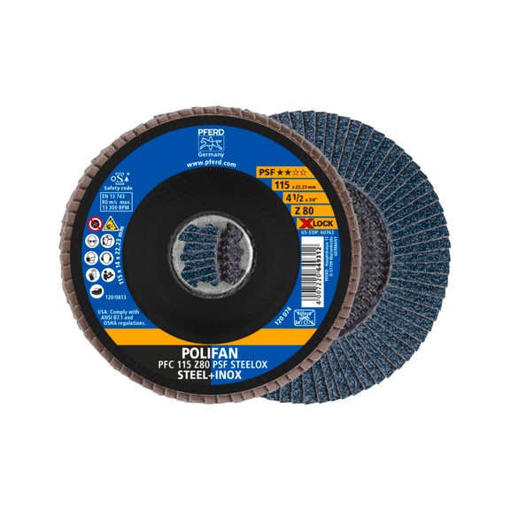 PFERD POLIFAN serrated lock washer PFC 115 mm X-LOCK conical Z80 line PSF STEELOX - Abrasive tool made of abrasive on a base