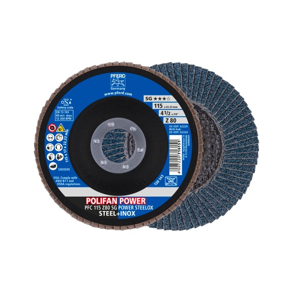 PFERD POLIFAN POWER serrated lock washer PFC 115x22.23 mm conical Z80 SG STEELOX steel - Abrasive tool made of abrasive on a base