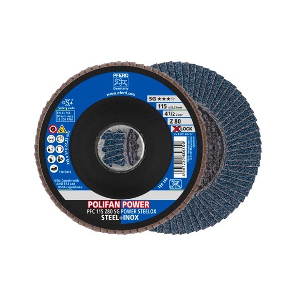 PFERD POLIFAN POWER Fächerscheibe PFC 115 mm X-LOCK konisch Z80 SG STEELOX Stahl - Schleifwerkzeug aus Schleifmittel auf Unterlage