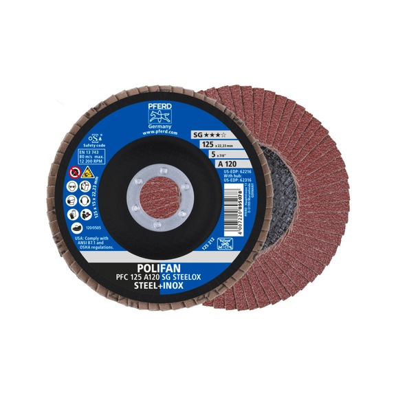 PFERD POLIFAN serrated lock washer PFC 125x22.23 mm conical A120 SG STEELOX steel - Abrasive tool made of abrasive on a base
