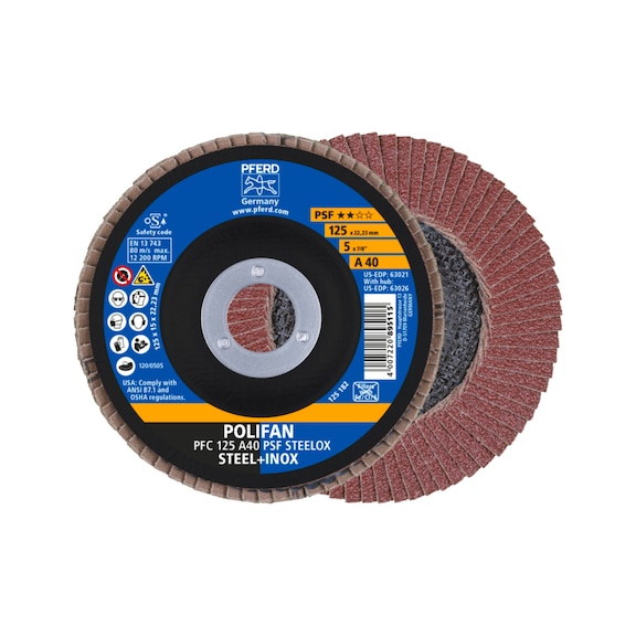 PFERD POLIFAN Fächerscheibe PFC 125x22,23 mm konisch A40 Linie PSF STEELOX Stahl - Schleifwerkzeug aus Schleifmittel auf Unterlage