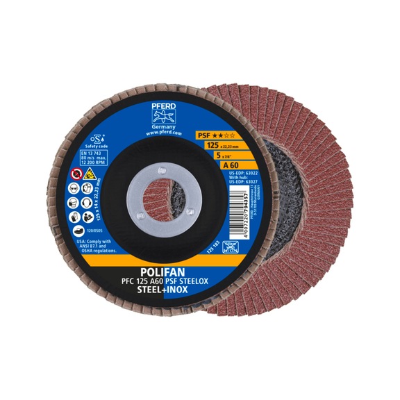 PFERD POLIFAN serrated lock washer PFC 125x22.23 mm conical A60 line PSF STEELOX steel - Abrasive tool made of abrasive on a base