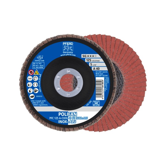 PFERD POLIFAN serrated lock washer PFC 125x22.23 mm conical A-COOL 40 SG INOX ALU - Abrasive tool made of abrasive on a base