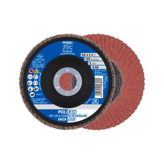 PFERD POLIFAN Fächerscheibe PFC 125x22,23 mm konisch A-COOL 60 SG INOX ALU - Schleifwerkzeug aus Schleifmittel auf Unterlage