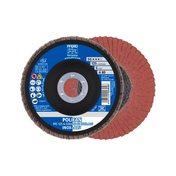 PFERD POLIFAN serrated lock washer PFC 125x22.23 mm conical A-COOL 80 SG INOX ALU - Abrasive tool made of abrasive on a base