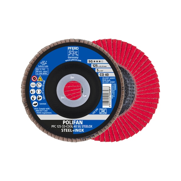 PFERD POLIFAN serrated lock washer PFC 125x22.23 mm conical CO-COOL 40 SG STEELOX steel - Abrasive tool made of abrasive on a base