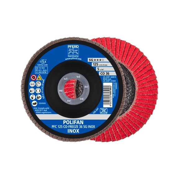 PFERD POLIFAN serrated lock washer PFC 125x22.23 mm conical CO-FREEZE 36 SG INOX - Abrasive tool made of abrasive on a base
