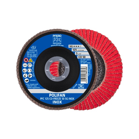 PFERD POLIFAN serrated lock washer PFC 125x22.23 mm conical CO-FREEZE 50 SG INOX - Abrasive tool made of abrasive on a base