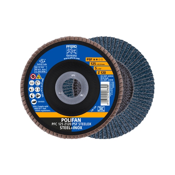 PFERD POLIFAN serrated lock washer PFC 125x22.23 mm conical Z120 line PSF STEELOX - Abrasive tool made of abrasive on a base