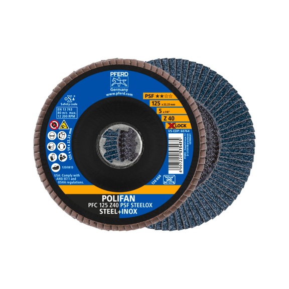 PFERD POLIFAN serrated lock washer PFC 125 mm X-LOCK conical Z40 line PSF STEELOX - Abrasive tool made of abrasive on a base