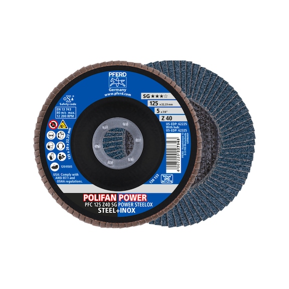 PFERD POLIFAN POWER Fächerscheibe PFC 125x22,23 mm konisch Z40 SG STEELOX Stahl - Schleifwerkzeug aus Schleifmittel auf Unterlage