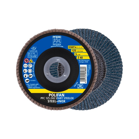 PFERD POLIFAN Fächerscheibe PFC 125x22,23mm konisch Z40 Startlinie START STEELOX - Schleifwerkzeug aus Schleifmittel auf Unterlage