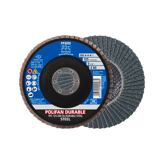 PFERD POLIFAN POWER Fächerscheibe PFC 125x22,23 konisch Z60 SG DURABLE STEEL - Schleifwerkzeug aus Schleifmittel auf Unterlage