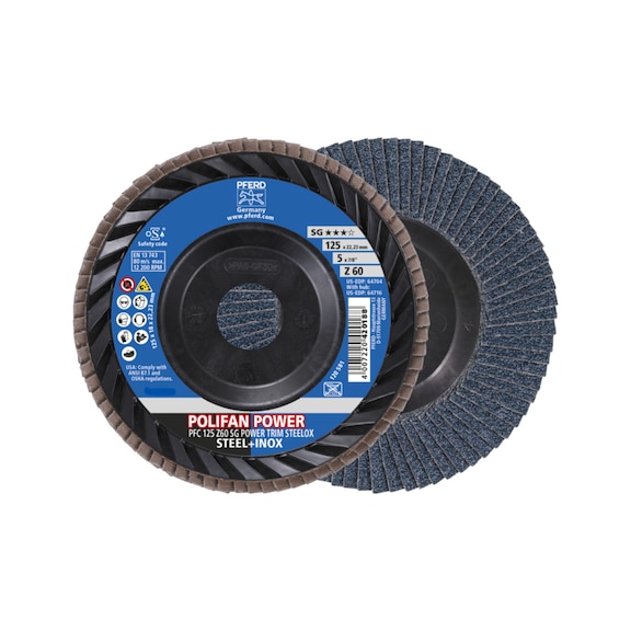 PFERD POLIFAN POWER flap disc PFC 125x22.23 mm conical Z60 TRIM - Abrasive tool made of abrasive on a base