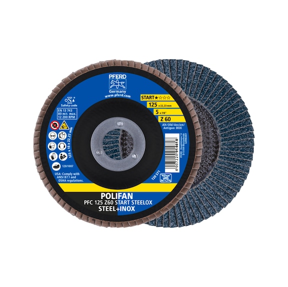 PFERD POLIFAN Fächerscheibe PFC 125x22,23mm konisch Z60 Startlinie START STEELOX - Schleifwerkzeug aus Schleifmittel auf Unterlage