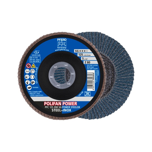 PFERD POLIFAN POWER serrated lock washer PFC 125x22.23 mm conical Z80 SG STEELOX steel - Abrasive tool made of abrasive on a base